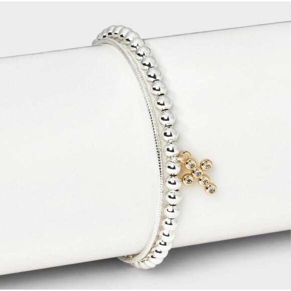 Silver Plated Two Tone Cubic Zirconia Cross Beaded Bolo Bracelet - Gold/Silver - Picture 2 of 5